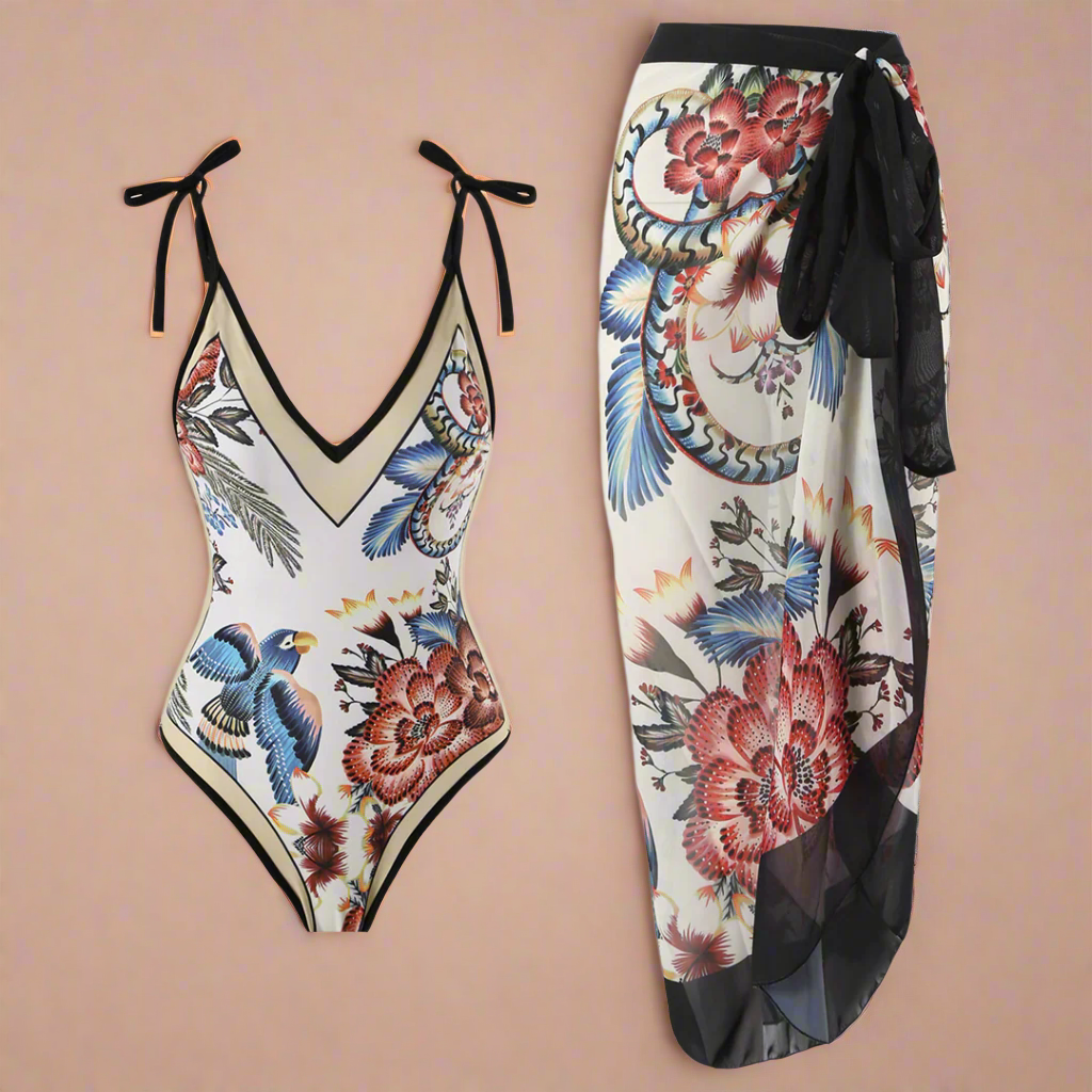 Nicole | Elegante set da spiaggia con motivo floreale e uccelli 1