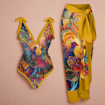 Nicole | Elegante set da spiaggia con motivo floreale e uccelli 3