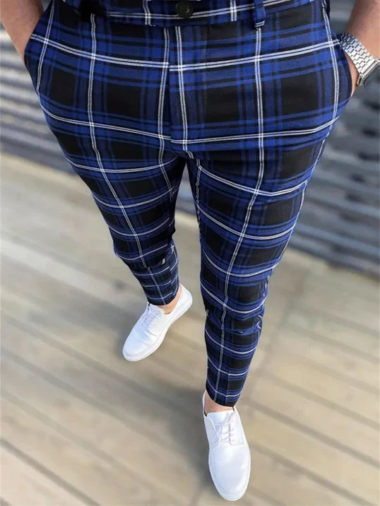 Pantaloni Uomo Tessuto Fantasia Linee Definite Slim Fit