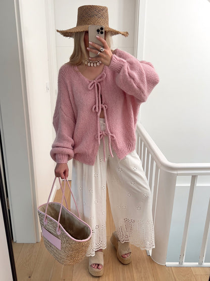 Cardigan Unisex Girocollo con Lacci in Maglia