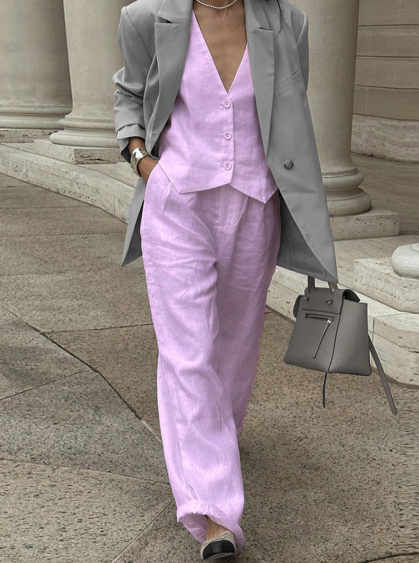 Completo Lino Donna con Gilet e Pantaloni Larga Vestibilità