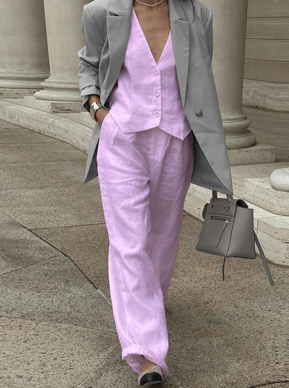 Completo Lino Donna con Gilet e Pantaloni Larga Vestibilità