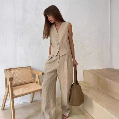 Completo Donna Gilet e Pantaloni Lino Vestibilità Ampia