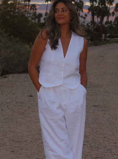 Completo Lino Donna con Gilet e Pantaloni Larga Vestibilità
