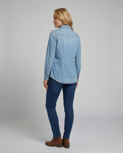 Camicia Jeans Donna con Tasche Decorative sul Petto