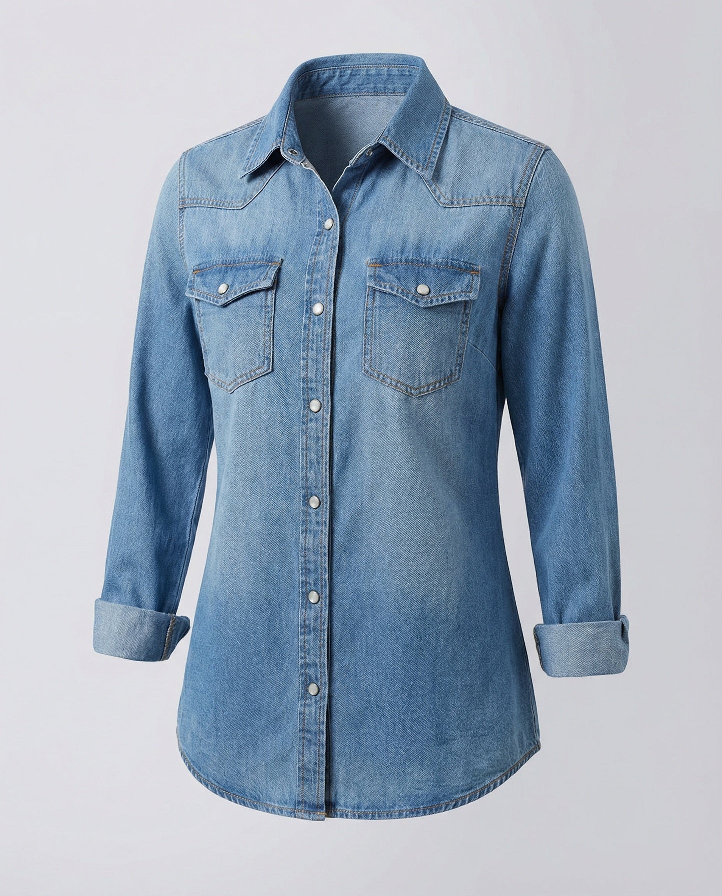 Camicia Jeans Donna con Tasche Decorative sul Petto