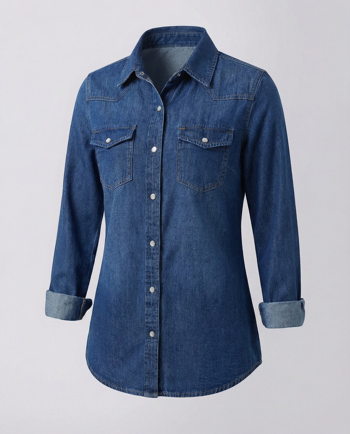 Camicia Jeans Donna con Tasche Decorative sul Petto