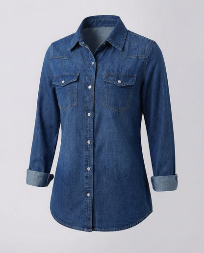Camicia Jeans Donna con Tasche Decorative sul Petto