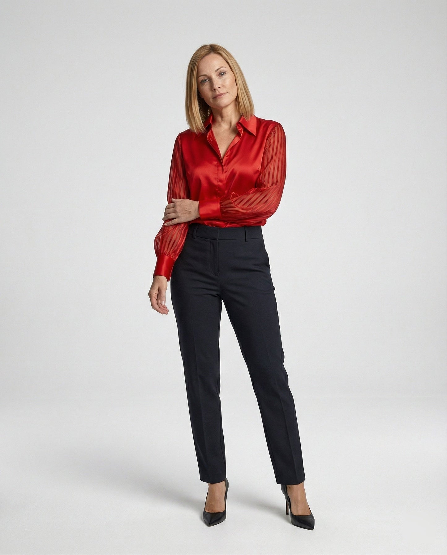 Camicia Donna in Satin con Maniche a Sbuffo Trasparenti