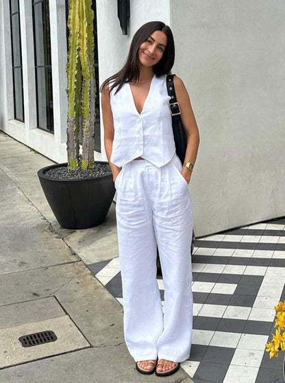 Completo Lino Donna con Gilet e Pantaloni Larga Vestibilità