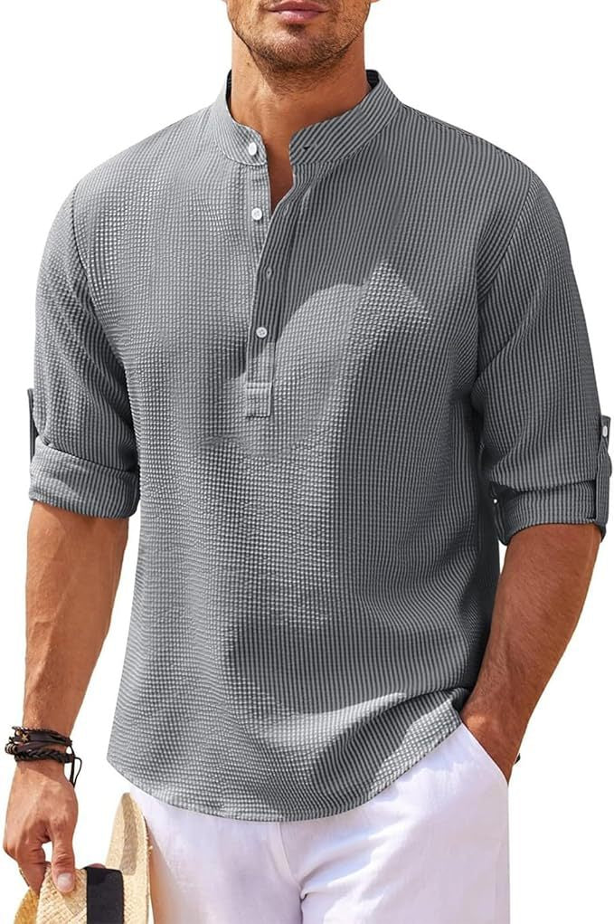 Camicia Henley Uomo Manica Lunga Stile Casual