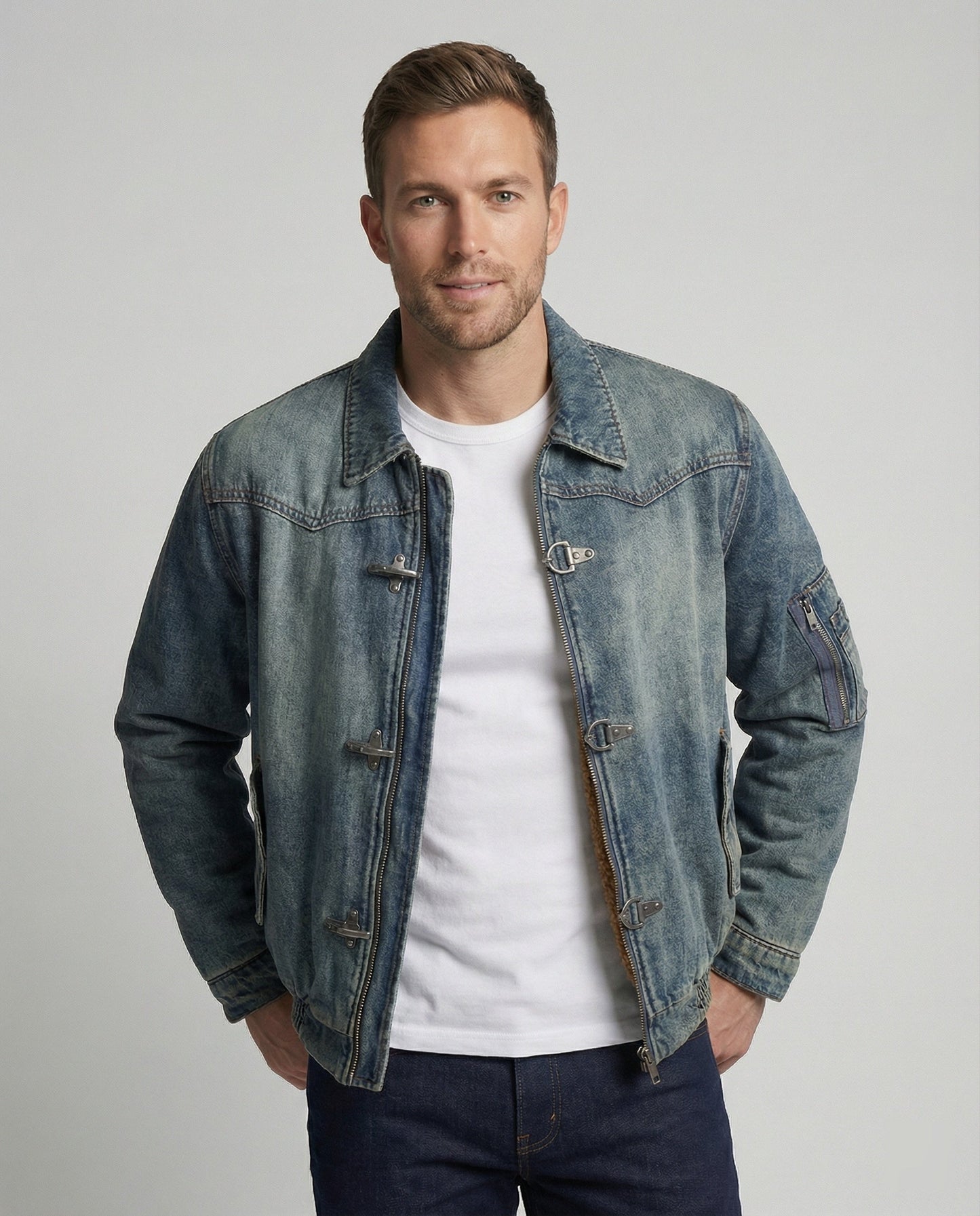 Giacca Bomber Uomo in Jeans con Fodera Teddy