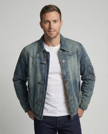 Giacca Bomber Uomo in Jeans con Fodera Teddy