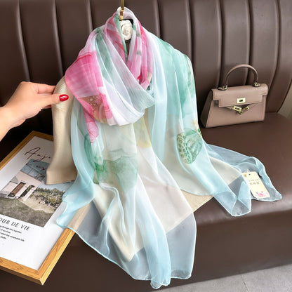 Sciarpa Donna in Seta e Chiffon Fantasia Floreale Leggera