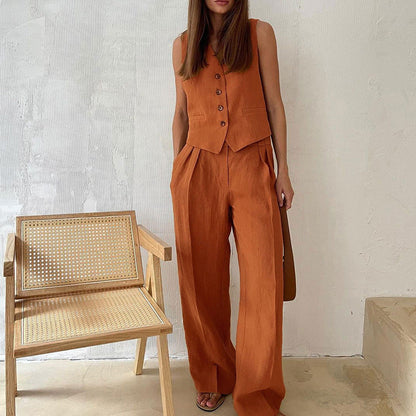 Completo Donna Gilet e Pantaloni Lino Vestibilità Ampia
