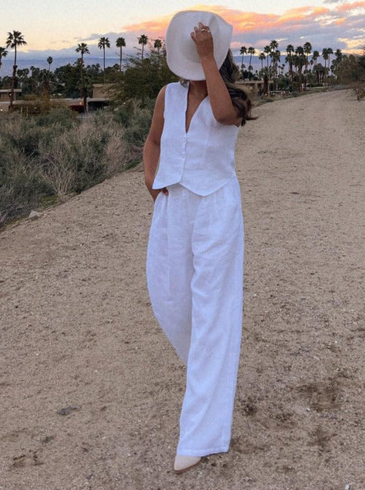 Completo Lino Donna con Gilet e Pantaloni Larga Vestibilità - Brentozzi