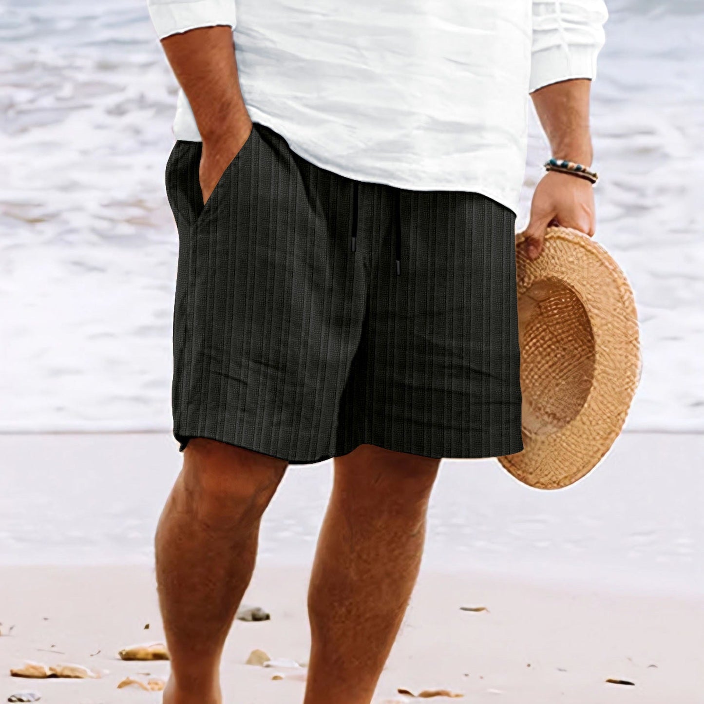 Pantaloncini Spiaggia Uomo Cotone Corda Elastico Vestibilità Ampia