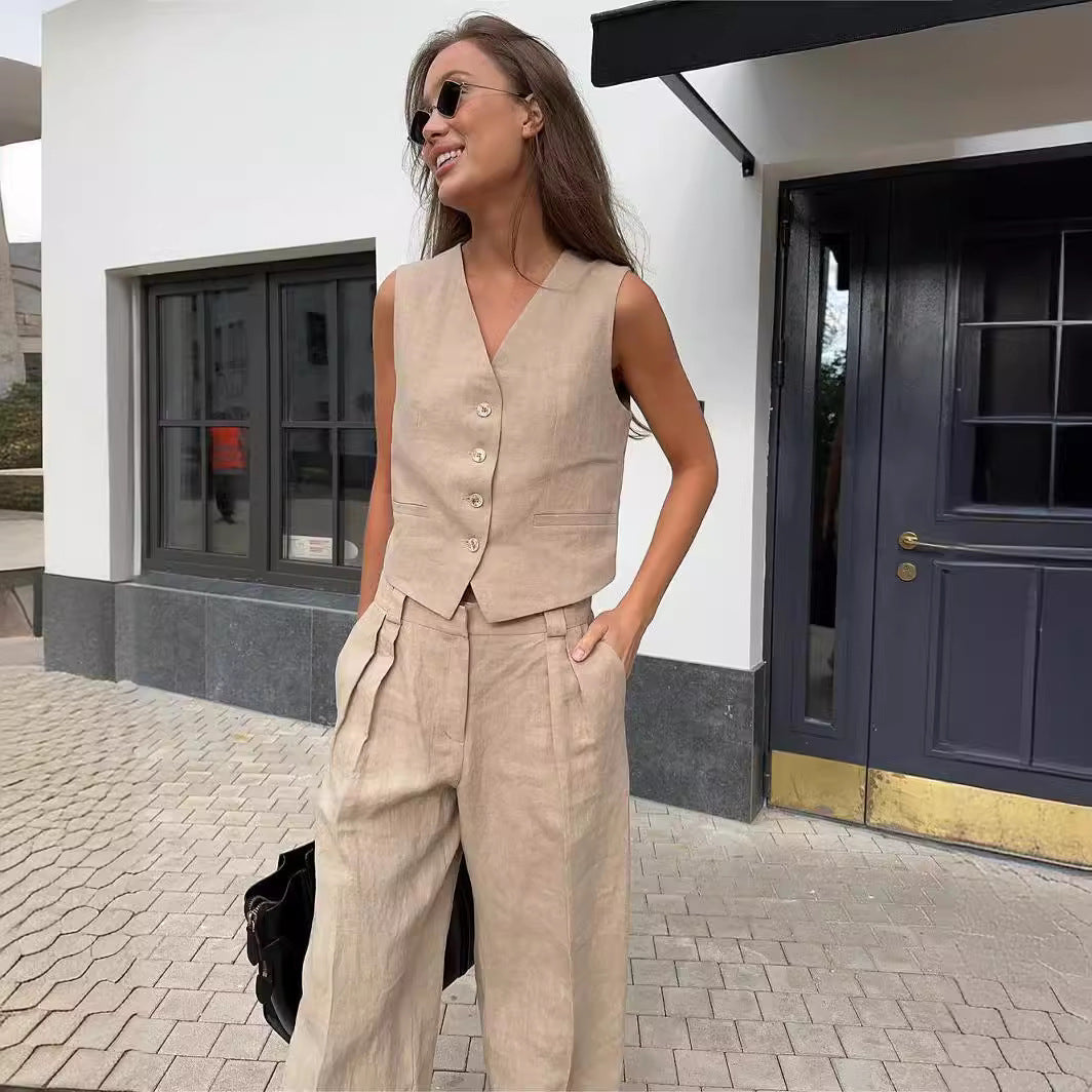 Completo Donna Gilet e Pantaloni Lino Vestibilità Ampia