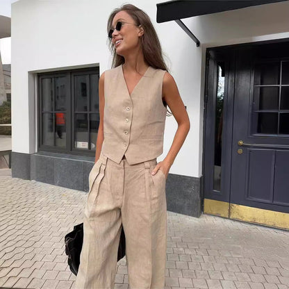Completo Donna Gilet e Pantaloni Lino Vestibilità Ampia