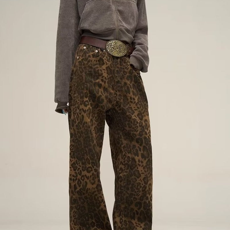 Jeans Donna Stampa Animalier Vita Alta Taglio Dritto