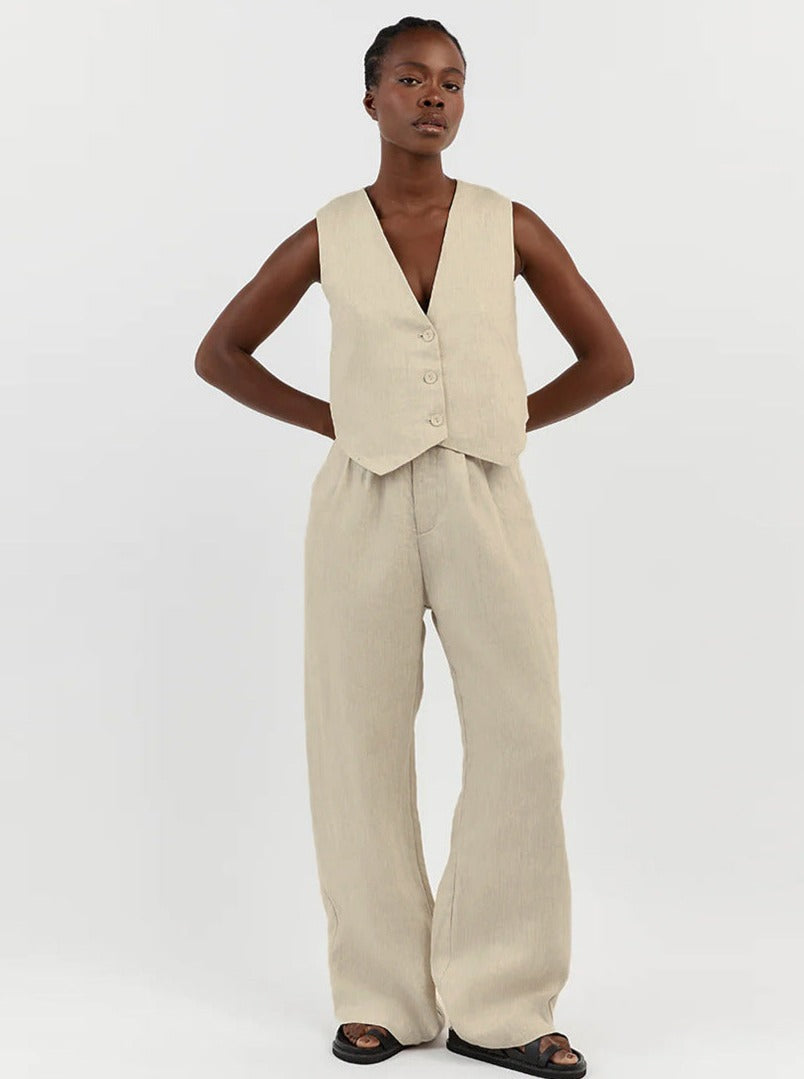 Completo Lino Donna con Gilet e Pantaloni Larga Vestibilità