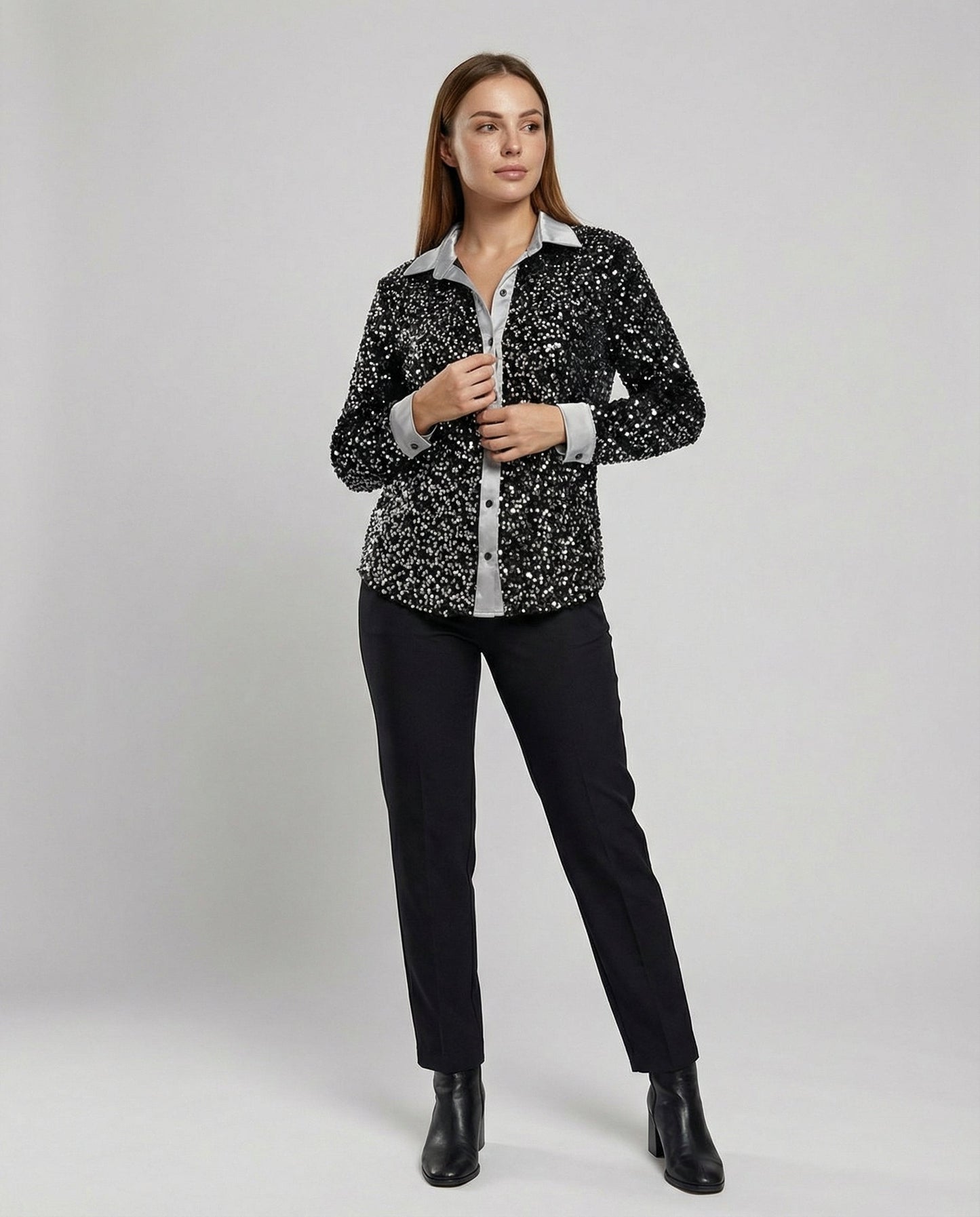 Blusa Donna Paillettes Elegante Manica Lunga