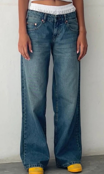 Jeans Baggy Donna in Tessuto Stretch Lunghezza Lunga