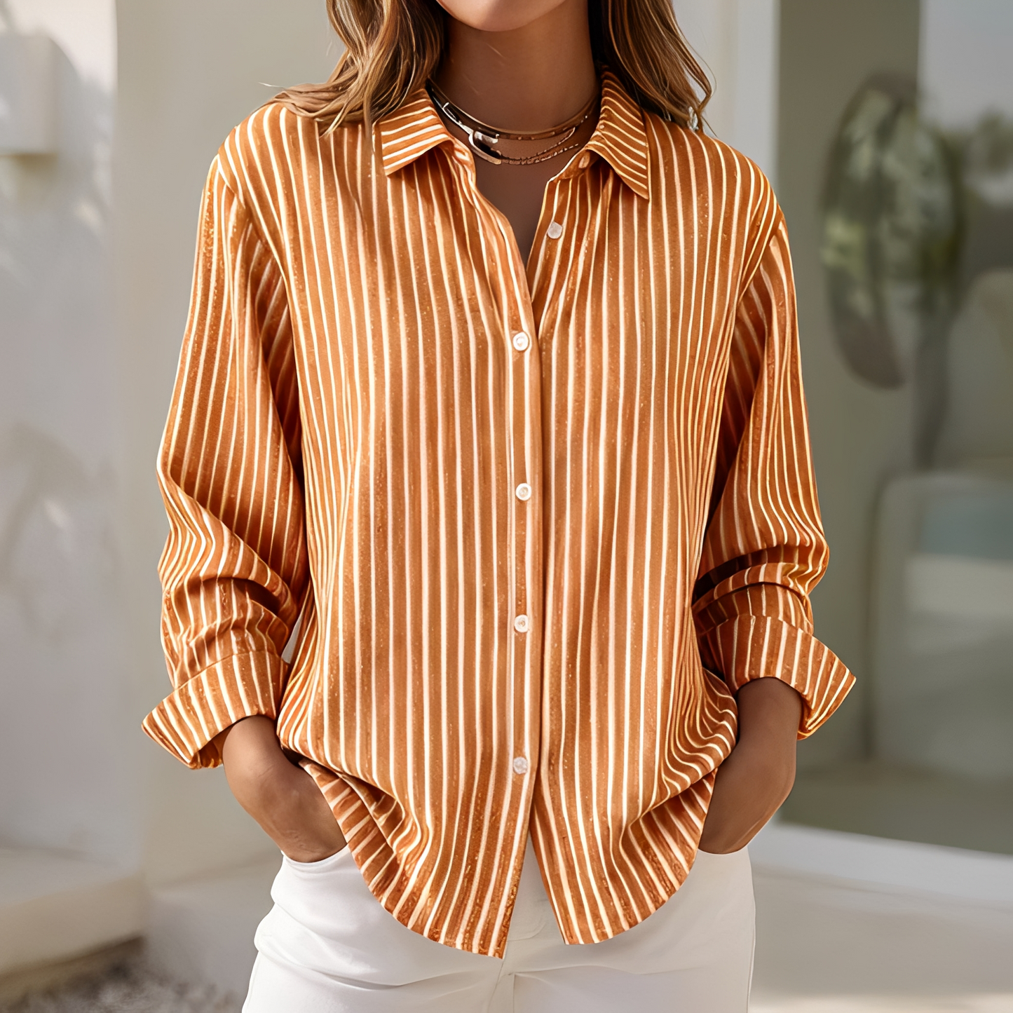 Blusa Donna in Tessuto Leggero a Righe Vestibilità Larga