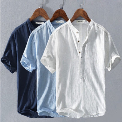 Camicia Uomo Lino Collo Coreano Manica Corta