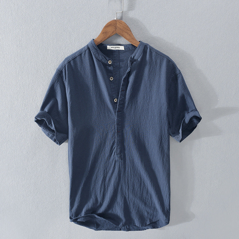 Camicia Uomo Lino Collo Coreano Manica Corta