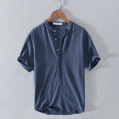 Camicia Uomo Lino Collo Coreano Manica Corta