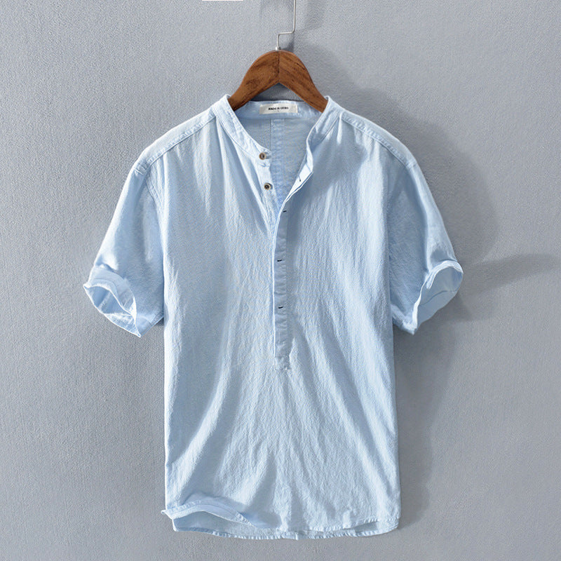 Camicia Uomo Lino Collo Coreano Manica Corta
