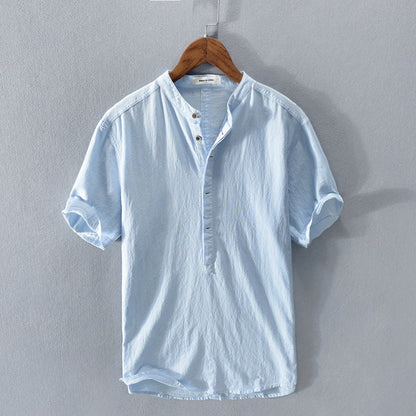 Camicia Uomo Lino Collo Coreano Manica Corta
