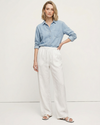 Pantaloni Donna Lino Gamba Larga Vita Elastica Coulisse - Vesarelli