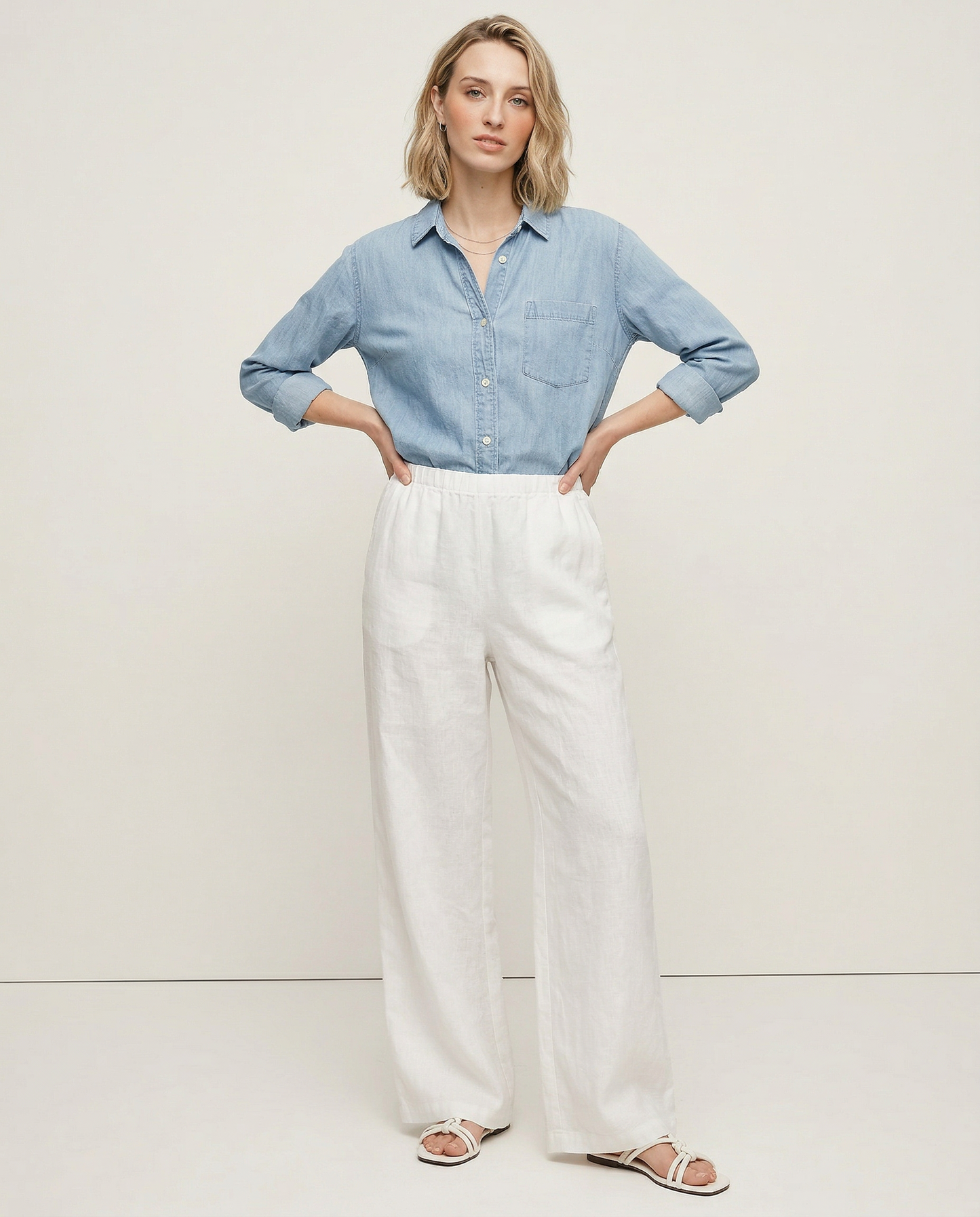 Paola | Donna Pantaloni Gamba Larga Lino Vita Elastica Coulisse 1