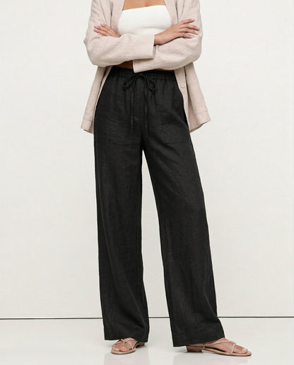 Pantaloni Donna Lino Gamba Larga Coulisse Tasche - Vesarelli