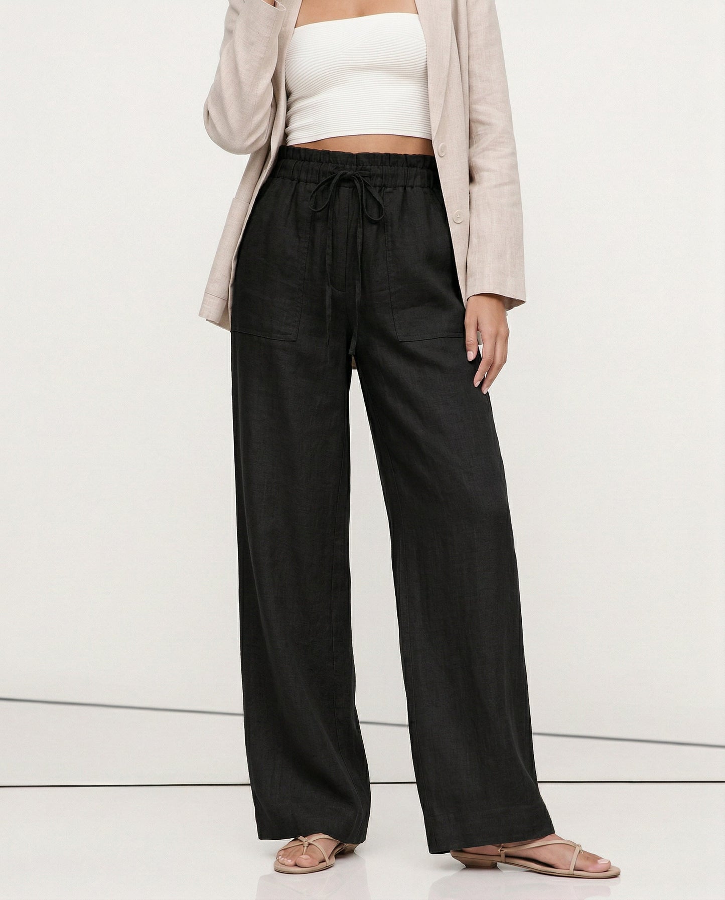 Patty| Donna Pantaloni Gamba Larga Lino Coulisse Tasche Applica 2