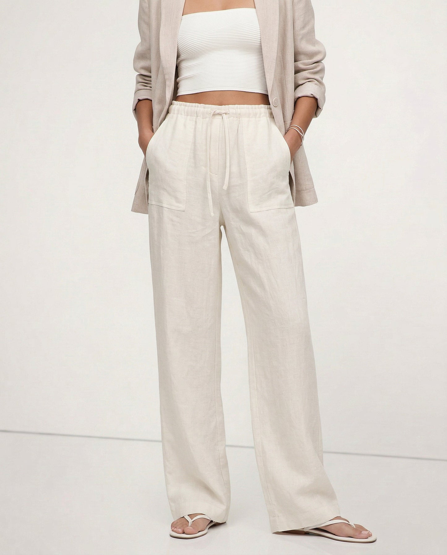 Patty| Donna Pantaloni Gamba Larga Lino Coulisse Tasche Applica 3