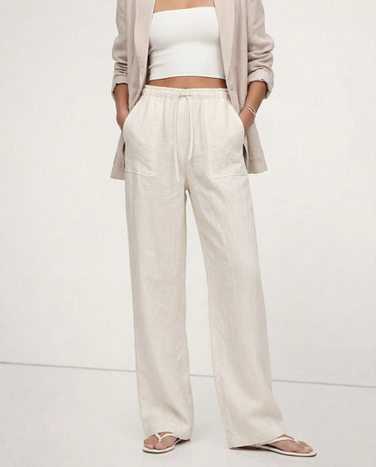 Patty| Donna Pantaloni Gamba Larga Lino Coulisse Tasche Applica 3