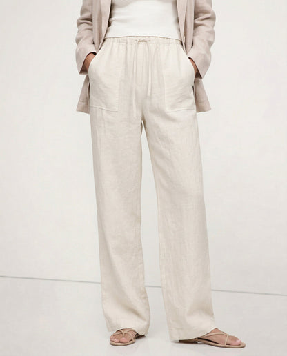 Patty| Donna Pantaloni Gamba Larga Lino Coulisse Tasche Applica 4