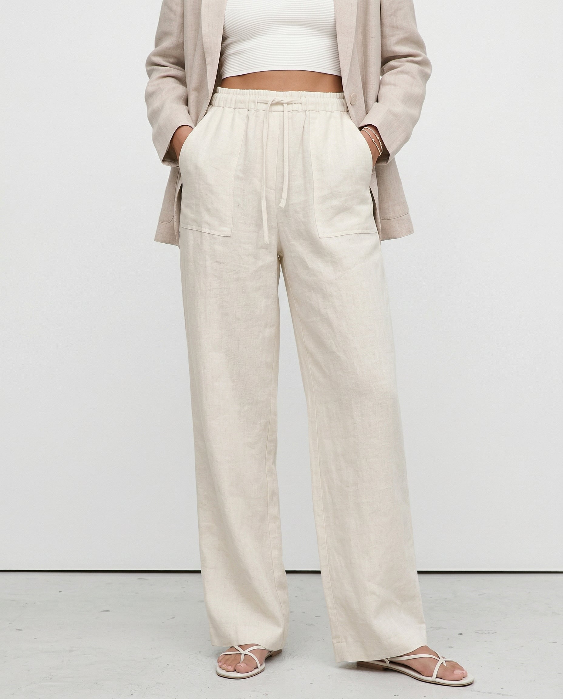 Patty| Donna Pantaloni Gamba Larga Lino Coulisse Tasche Applica 5