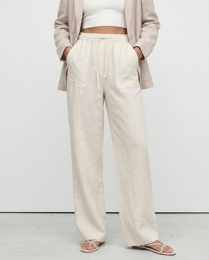 Patty| Donna Pantaloni Gamba Larga Lino Coulisse Tasche Applica 5