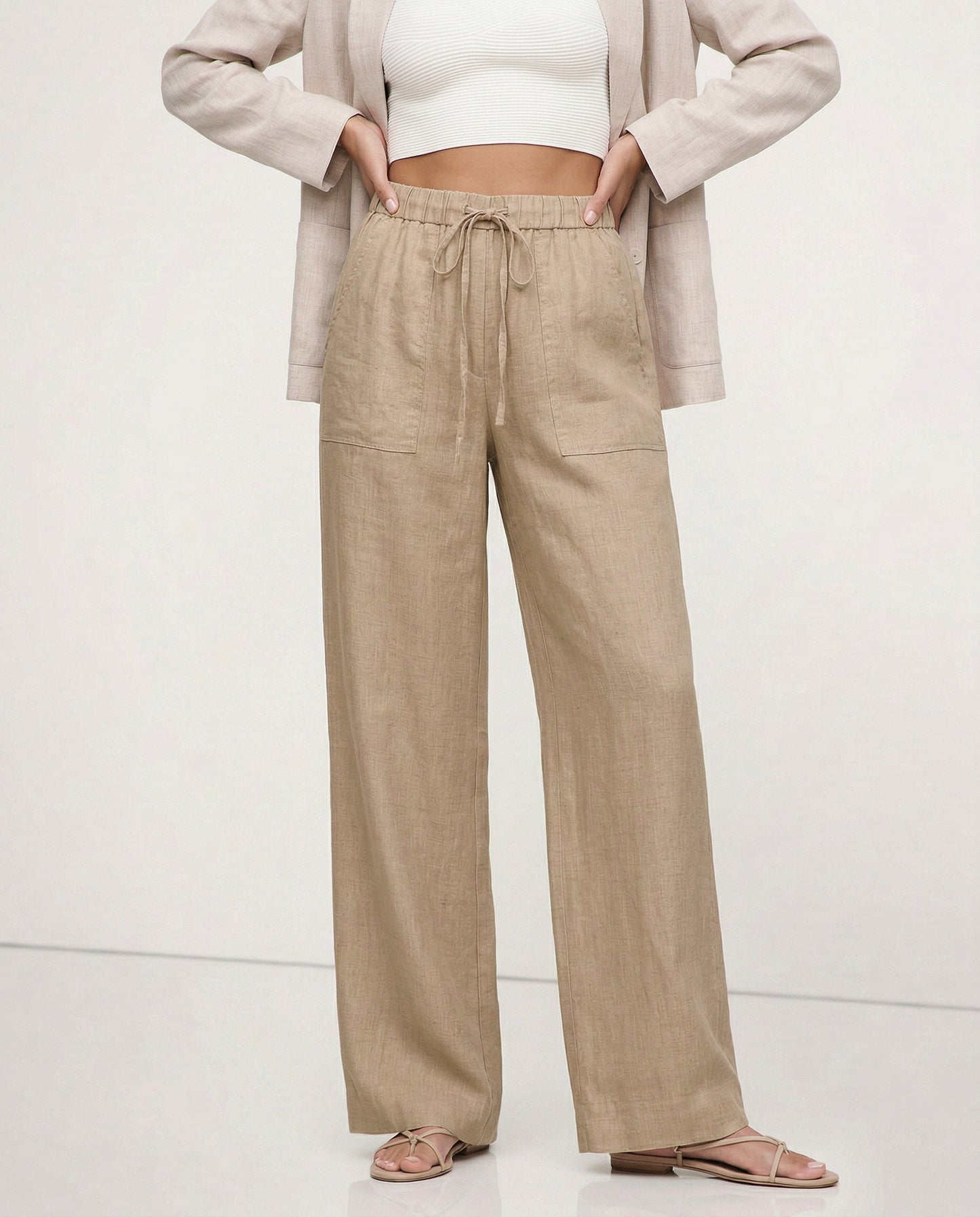 Patty| Donna Pantaloni Gamba Larga Lino Coulisse Tasche Applica 6
