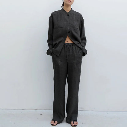 Patty| Donna Pantaloni Gamba Larga Lino Coulisse Tasche Applica 8