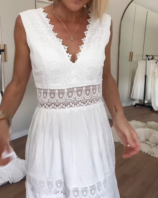 Abito Lungo Donna in Pizzo Scollo a V Senza Maniche - Vesarelli