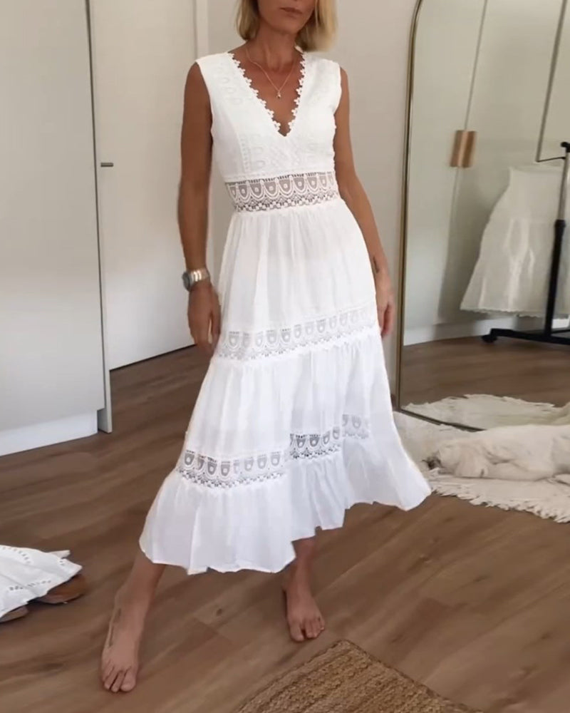 Pavina | Abito Lungo in Pizzo Senza Maniche con Scollo a V