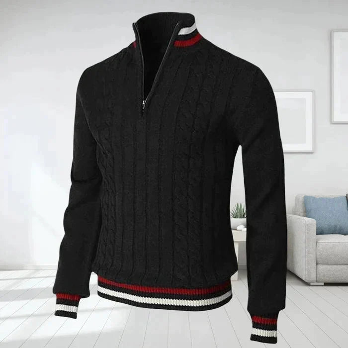 Polo-Sweatshirt – gestrickt – V-Ausschnitt – mit halbem Reißverschluss – Winterkleidung für Herren-Schwarz-S-Chaps Herrenmode