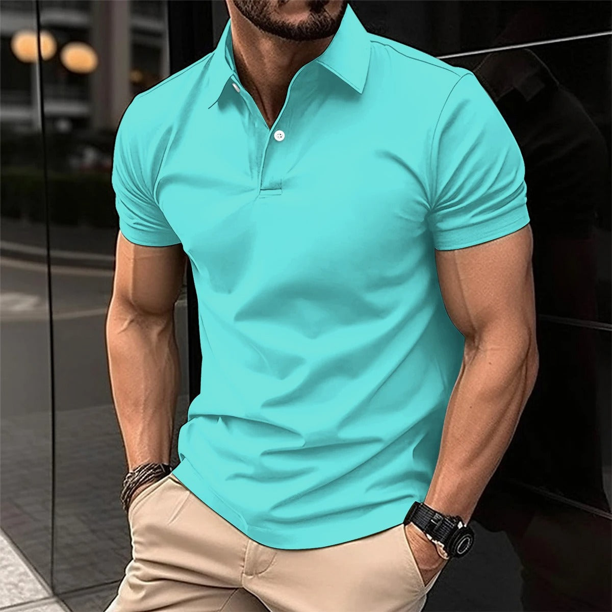 Polo-T-Shirt – halblanger Knopfleiste – Umlegekragen – Polo-Shirts – T-Shirts für Herren-Türkis-S-Chaps Herrenmode