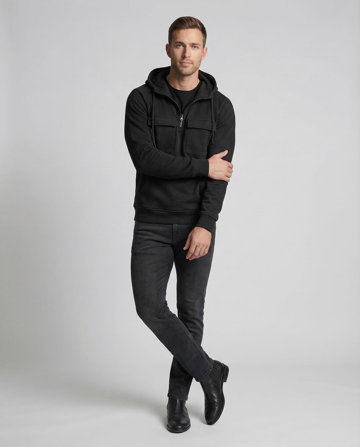 Felpa Uomo con Cappuccio Mezza Zip Stile Utility - Brentozzi