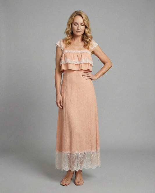 Abito Maxi Donna in Pizzo Boho con Ruches - Brentozzi